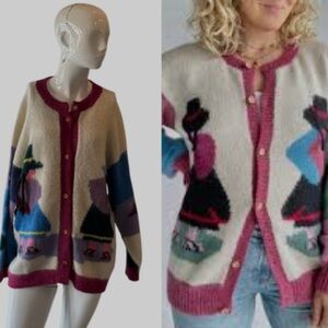 Vintage Peruvian Multicolor Alpaca Wool Ivory Muti Cardigan Sweater Size M/L